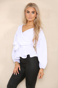 Women's White V Neck Long Balloon Sleeve Top with Bow Tie Decor Belt Wrap Closure Peplum Top- Elegant Babydoll Shirt Spring Summer Blouse Streetwear Office Work