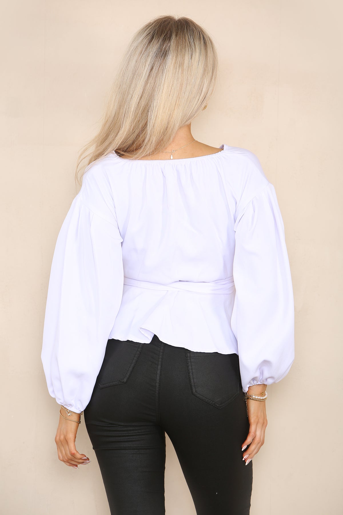 Women's White V Neck Long Balloon Sleeve Top with Bow Tie Decor Belt Wrap Closure Peplum Top- Elegant Babydoll Shirt Spring Summer Blouse Streetwear Office Work