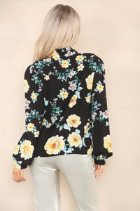 Women's Black Floral Print Blouse - Long Sleeve Button Down Shirt Summer Flower Print Casual Tunic Vintage Style Top