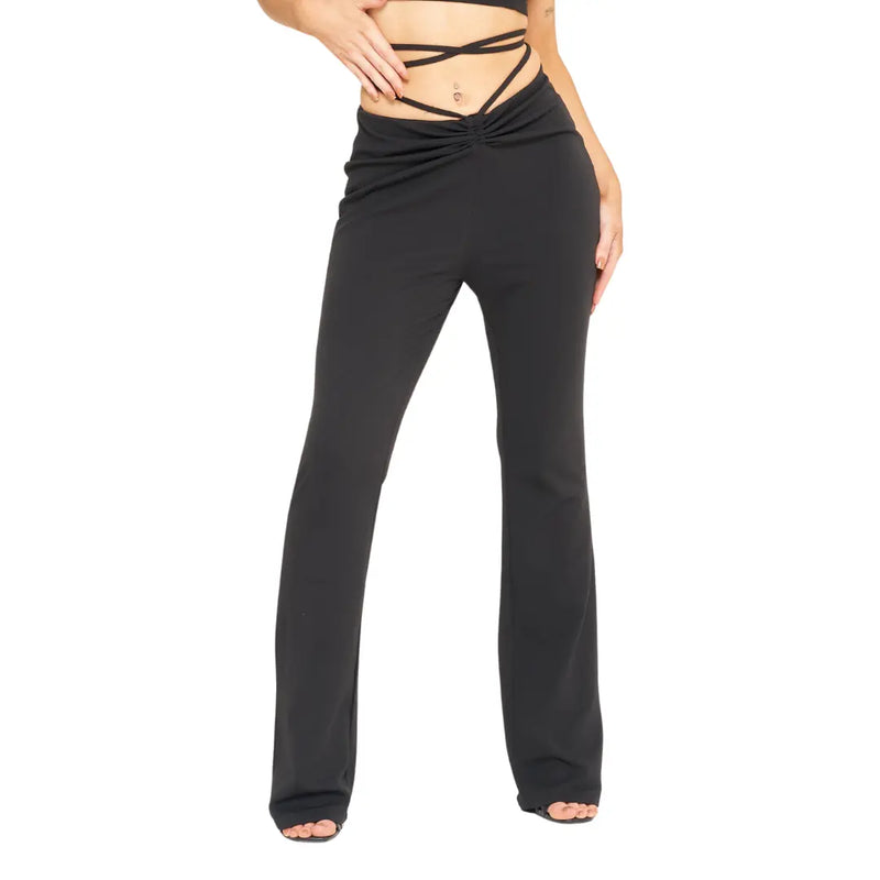 Women's Black Flare High Waist Trousers with Tie Strap Lace Up Design - Wide Bootleg Pants for Casual Club, Party, Workout, and Going Out