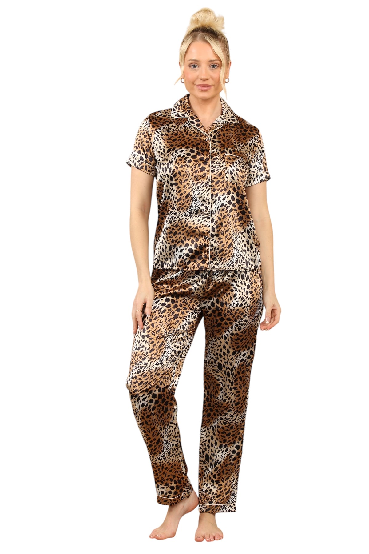 Leopard Satin Print Pyjama Set – Stylish & Comfortable Animal Print Sleepwear for Women