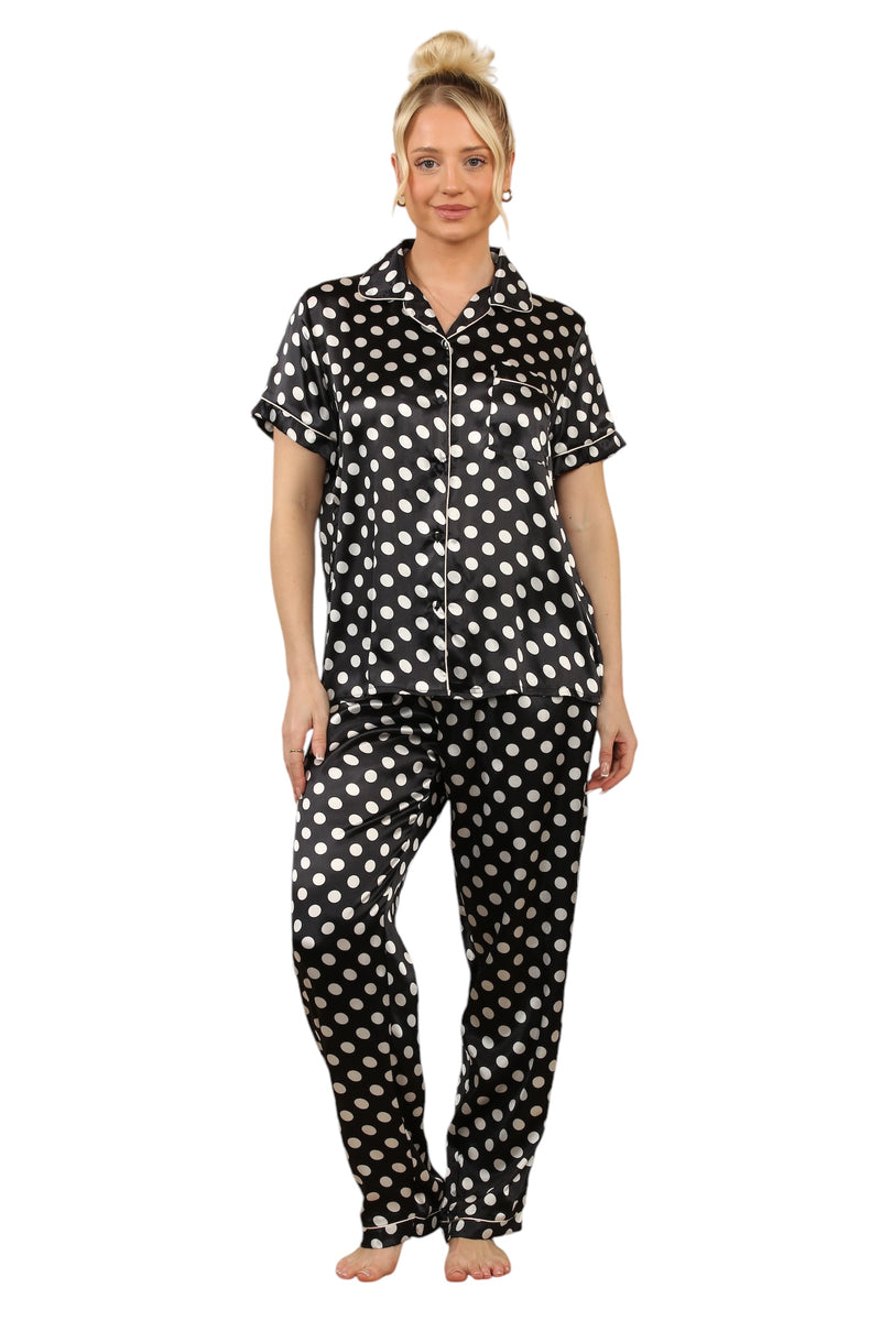 Stylish Black & White Polka Dot Satin Pyjama Set for Women