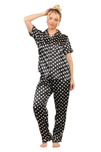 Stylish Black & White Polka Dot Satin Pyjama Set for Women