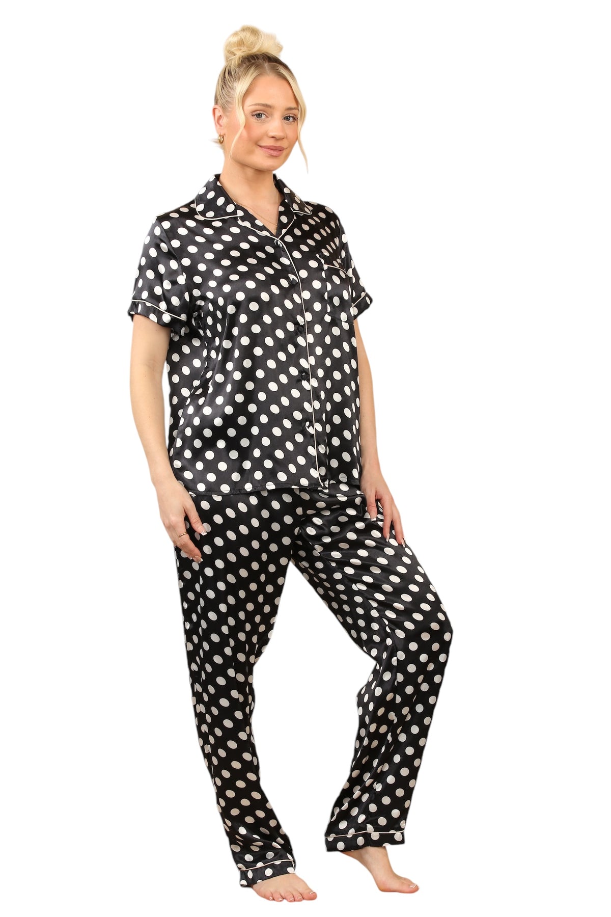 Stylish Black & White Polka Dot Satin Pyjama Set for Women