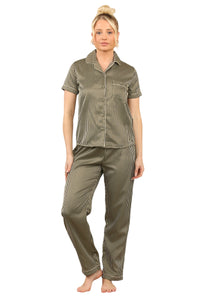 Khaki with Black Stripe Satin Pyjama Set – Chic & Comfortable Striped Loungewear for Women