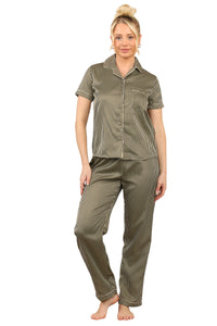 Khaki with Black Stripe Satin Pyjama Set – Chic & Comfortable Striped Loungewear for Women