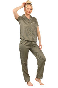 Khaki with Black Stripe Satin Pyjama Set – Chic & Comfortable Striped Loungewear for Women