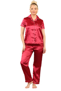 Elaina fashion Women's red Silk Satin Pyjama Sleepwear Set Button short sleeve Wedding Loungewear Silk 2 Piece PJs Pant Set Bridal Nightwear