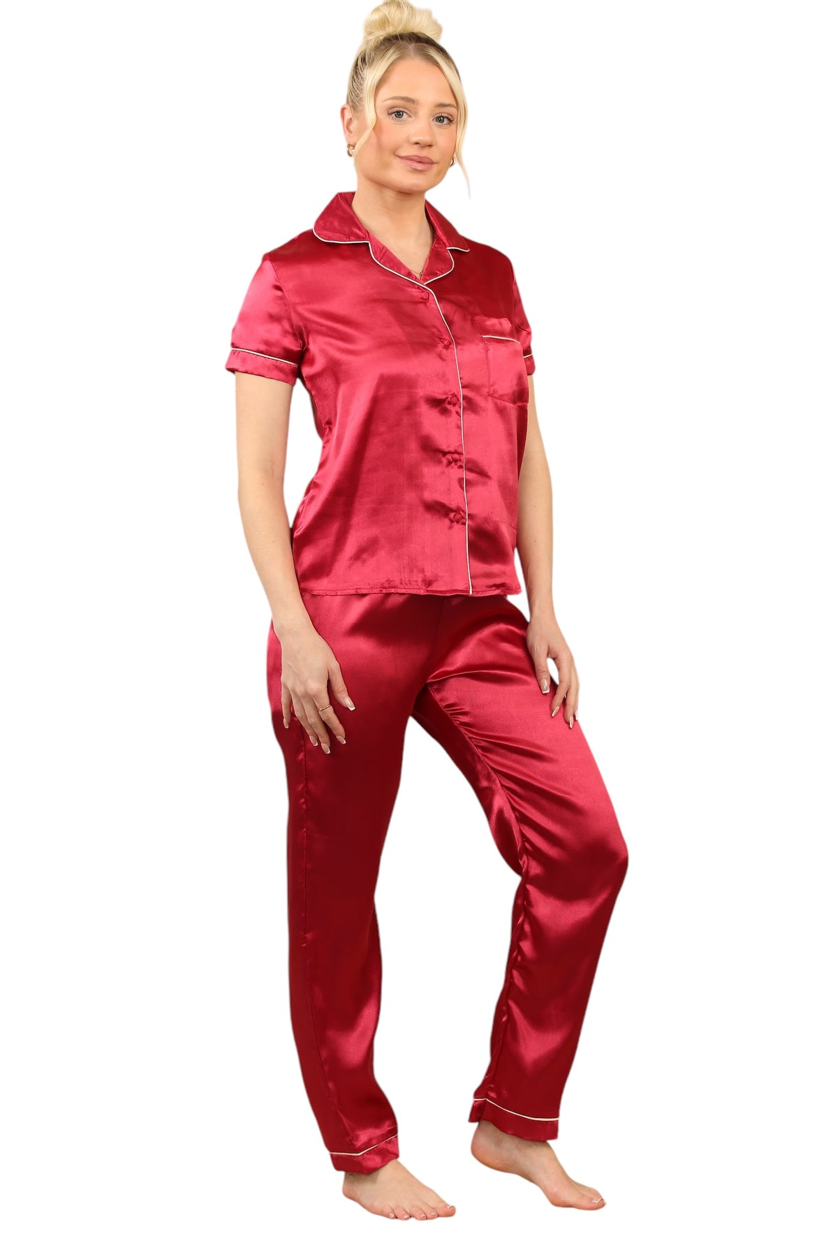 Elaina fashion Women's red Silk Satin Pyjama Sleepwear Set Button short sleeve Wedding Loungewear Silk 2 Piece PJs Pant Set Bridal Nightwear