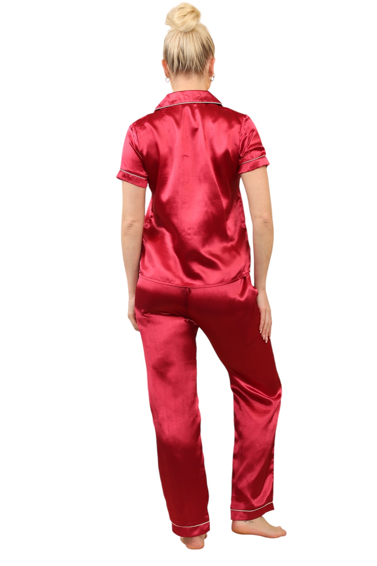 Elaina fashion Women's red Silk Satin Pyjama Sleepwear Set Button short sleeve Wedding Loungewear Silk 2 Piece PJs Pant Set Bridal Nightwear