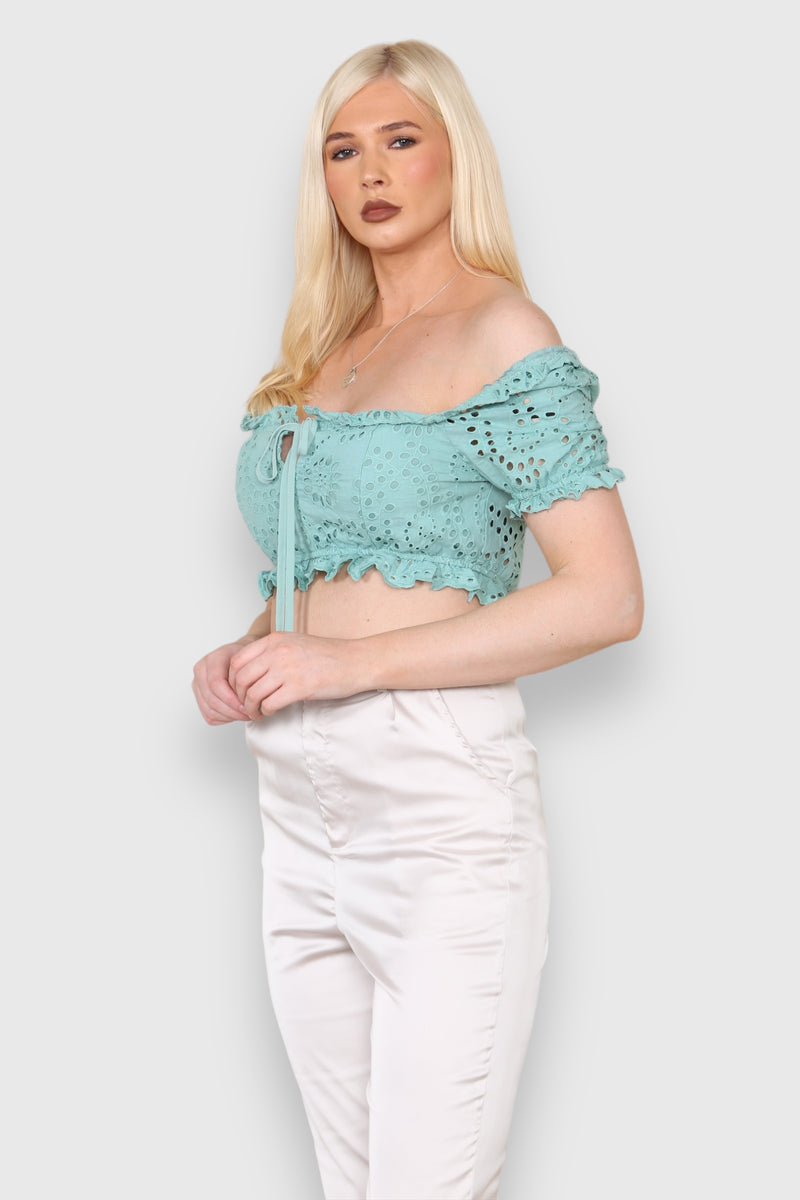 Broderie-front tie-crop-top