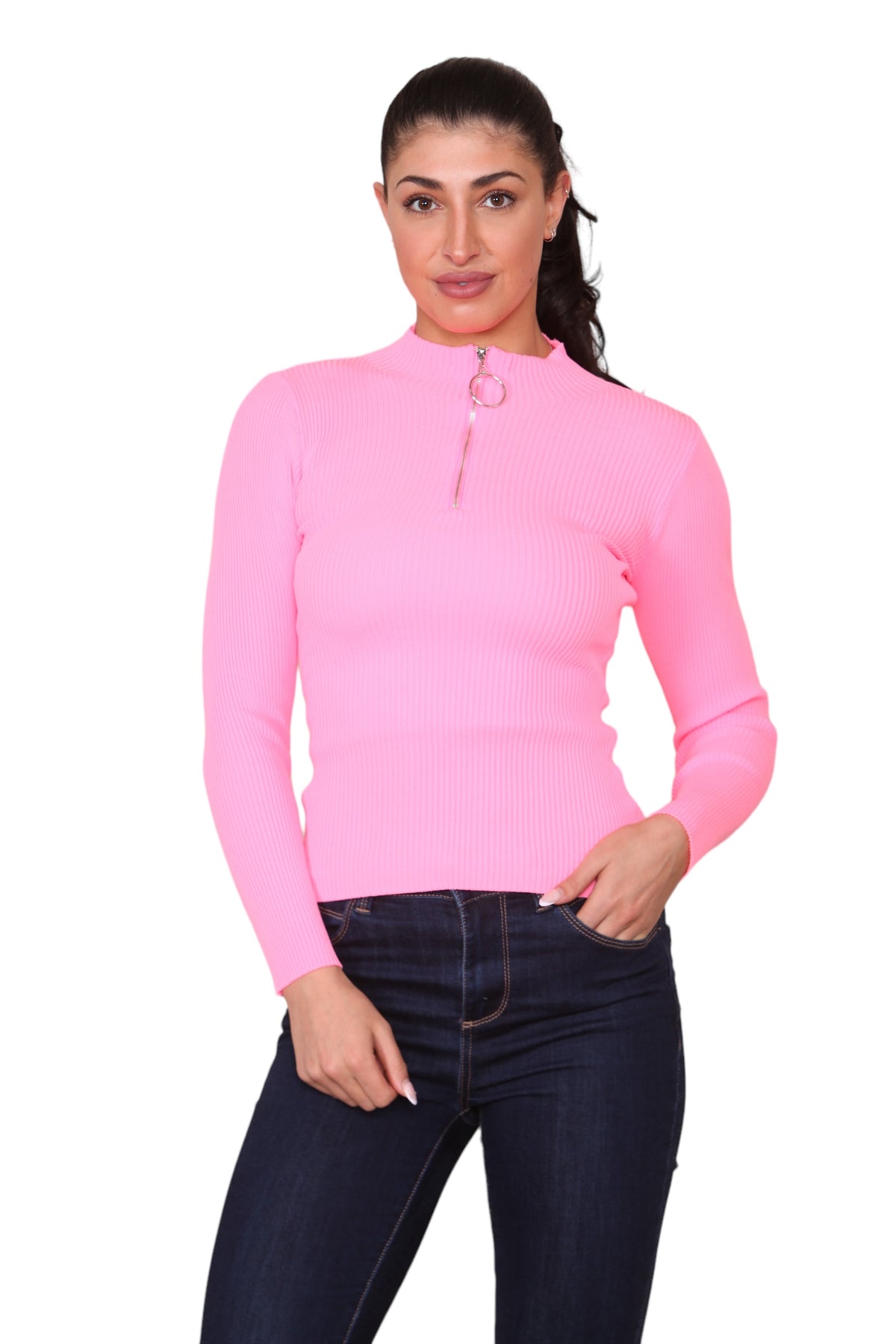 Neon-pink-zip up- knitted- top