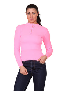 Neon-pink-zip up- knitted- top