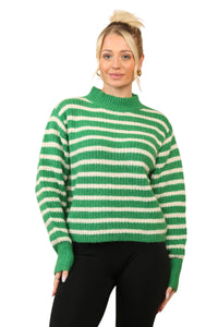 Model wearing a cosy green and white striped jumper with a mock neck, long sleeves, and a relaxed fit. The jumper is made of soft acrylic