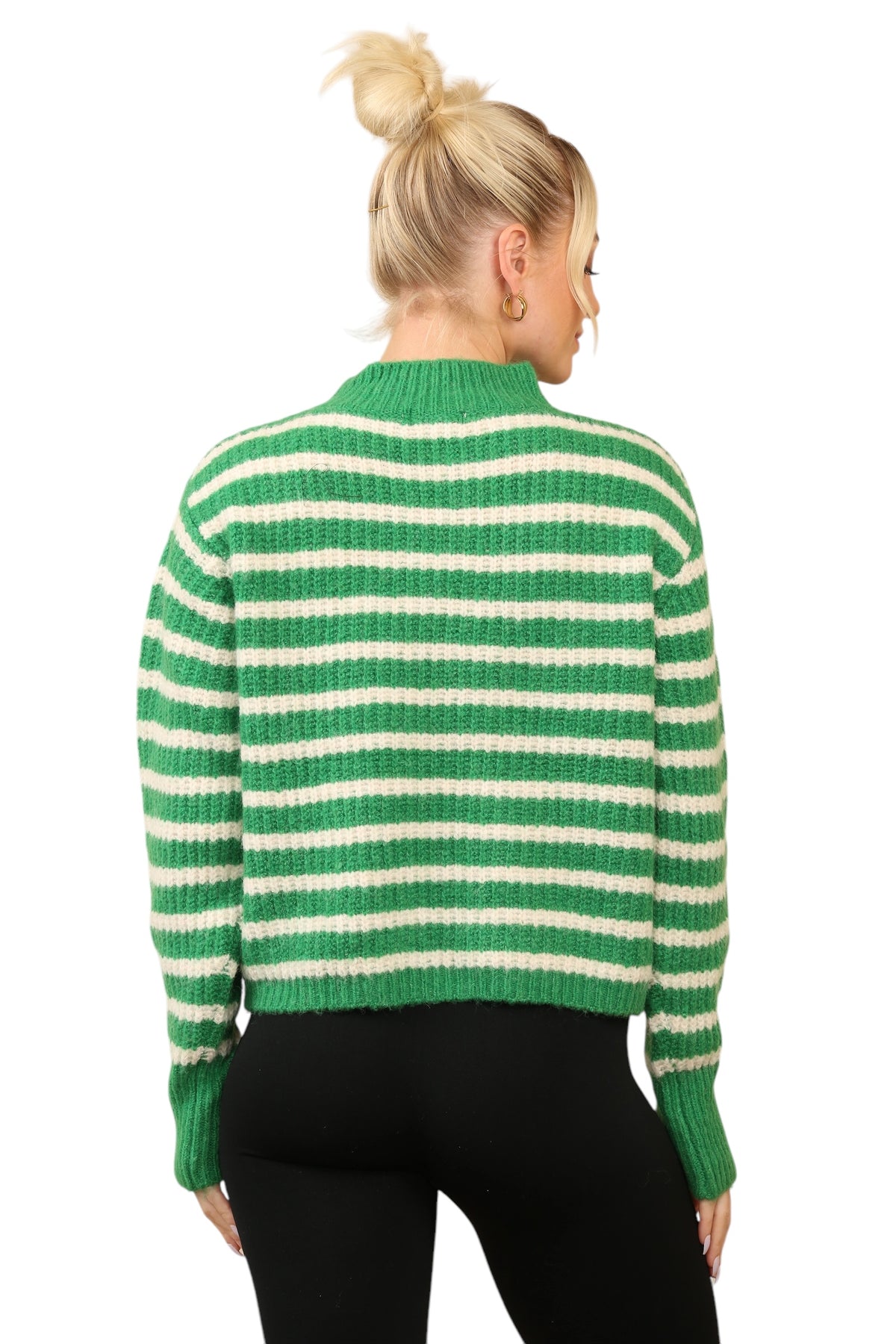 Model wearing a cosy green and white striped jumper with a mock neck, long sleeves, and a relaxed fit. The jumper is made of soft acrylic