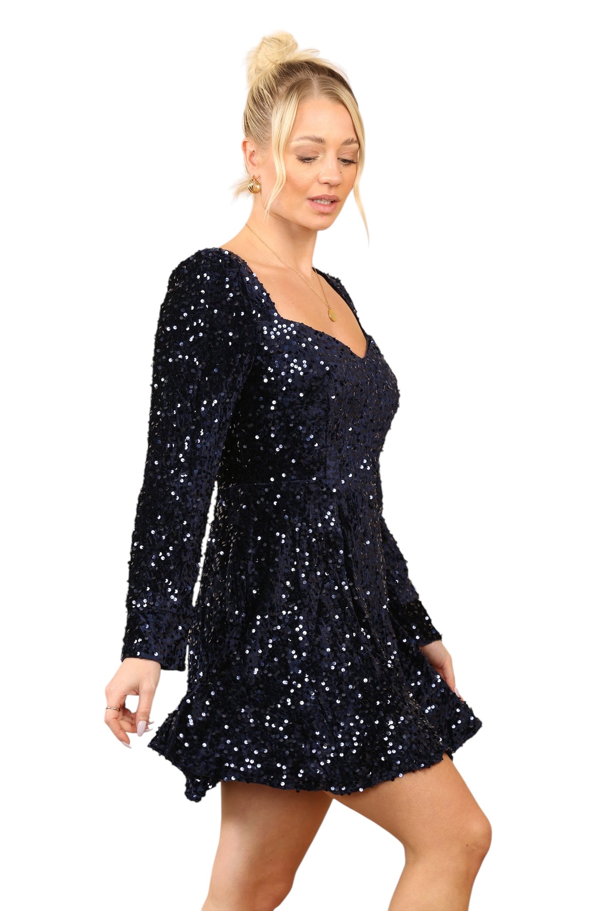 Navy Blue Velvet Sequin Dress – Perfect for Glamorous Evenings