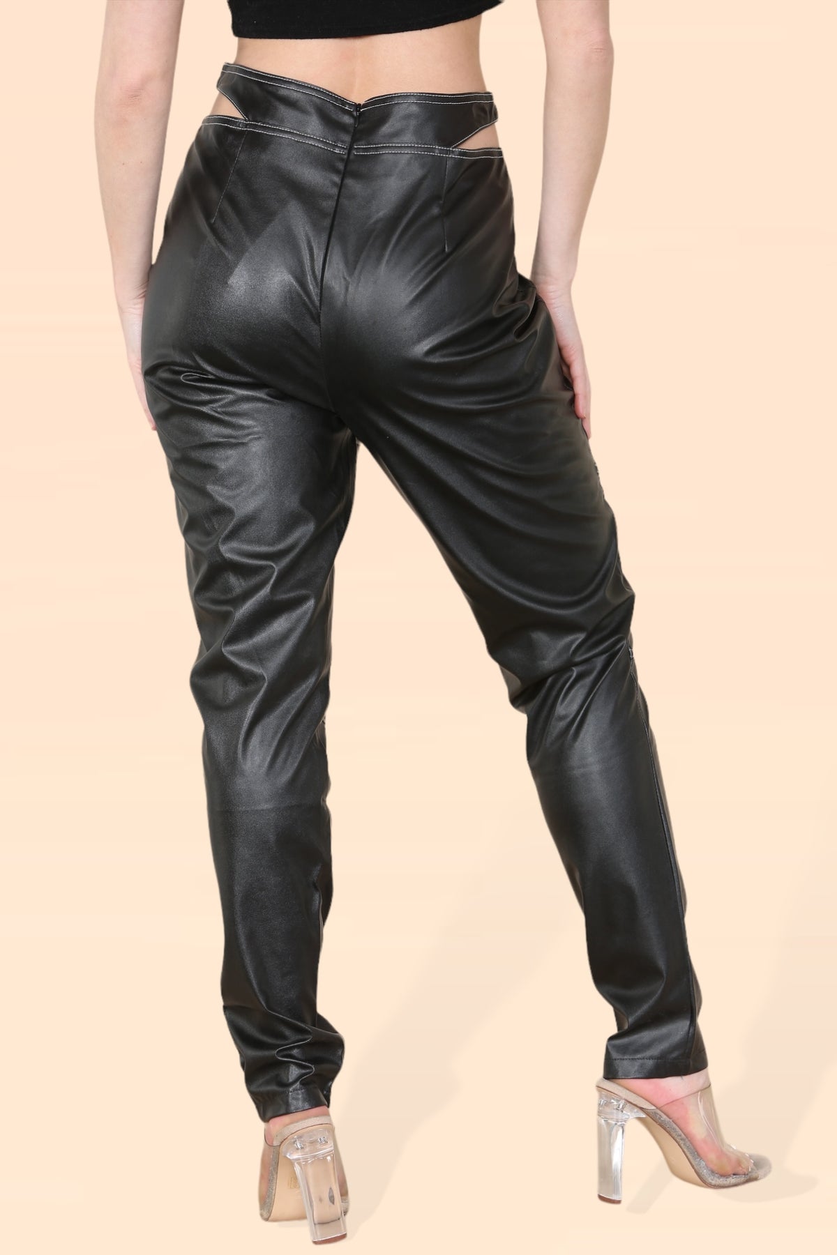 Pu-cutout-waist-biker-straight leg- trouser