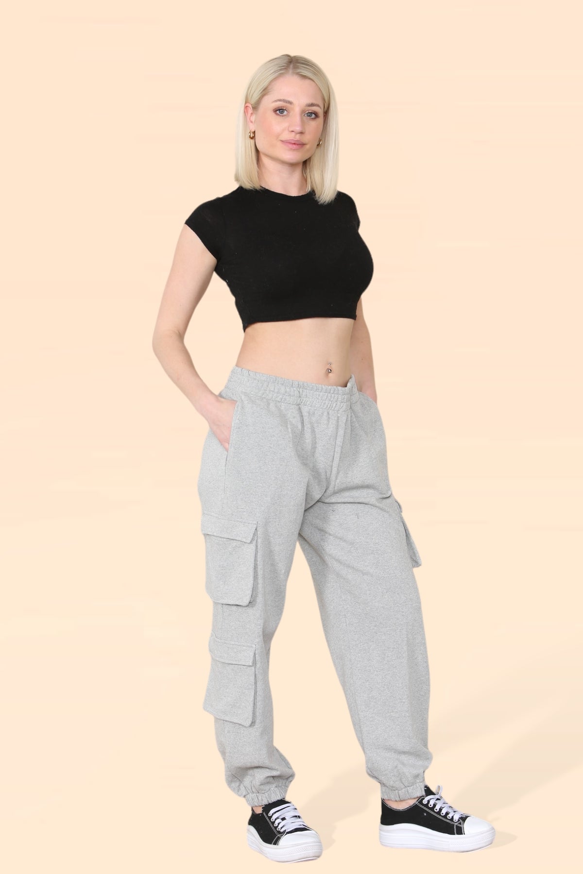 Women's Grey Combat Cargo Trousers - Loose Fit with Elasticated Ankles & Waistband, Pockets, Pull-On Joggers for Work, Casual, Sports, School, and Streetwear Bottoms Casual  Pant