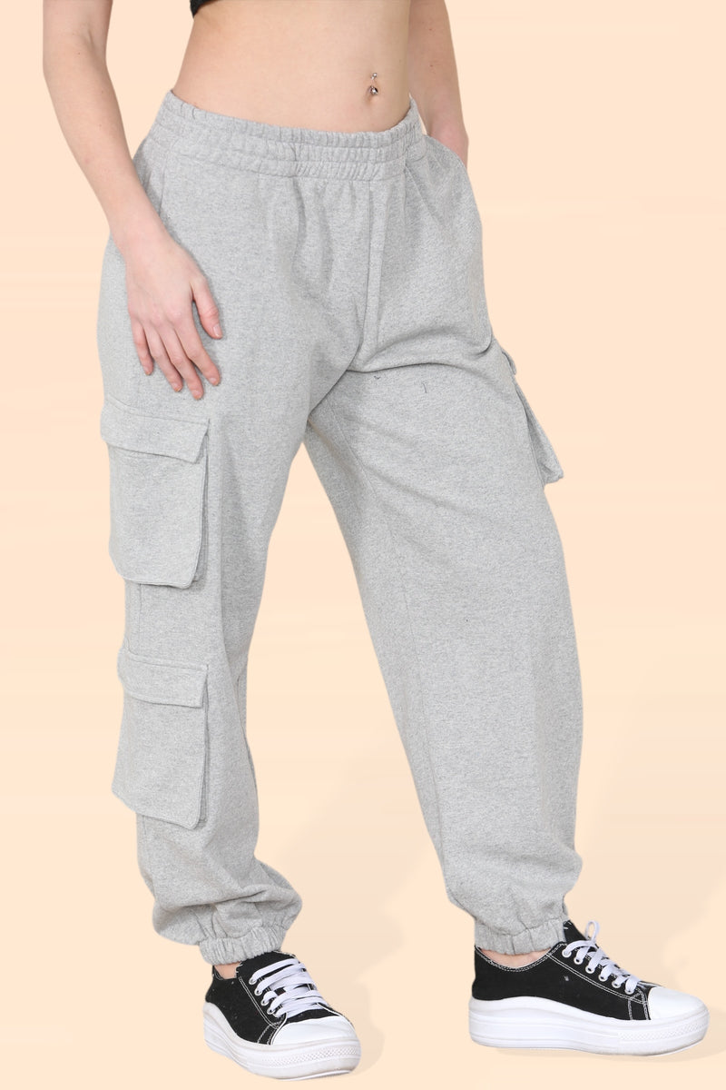 Women's Grey Combat Cargo Trousers - Loose Fit with Elasticated Ankles & Waistband, Pockets, Pull-On Joggers for Work, Casual, Sports, School, and Streetwear Bottoms Casual  Pant