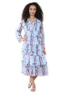 Women's Baby Blue V Neck Leaf Floral Ruffle Pleated Layered Swing Party Long Maxi Dress – Casual Smocked Cocktail Flowy Summer Beach Sundress  Party Streetwear Dress