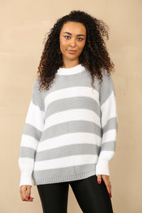 Women's Crew Round Neck Striped Oversized Sweater - Baggy Knitted Jumpers with Long Sleeves