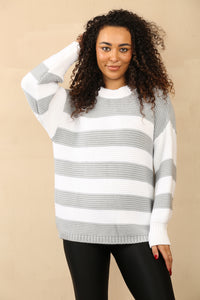 Women's Crew Round Neck Striped Oversized Sweater - Baggy Knitted Jumpers with Long Sleeves