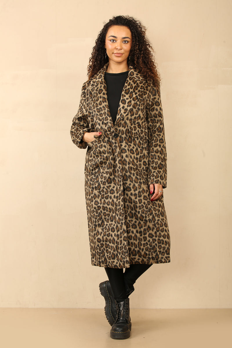 long line leopard print coat with button closure, large front pockets, and a back slit.