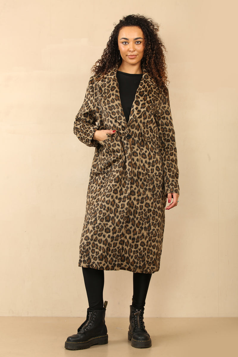 long line leopard print coat with button closure, large front pockets, and a back slit.