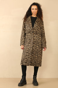 long line leopard print coat with button closure, large front pockets, and a back slit.