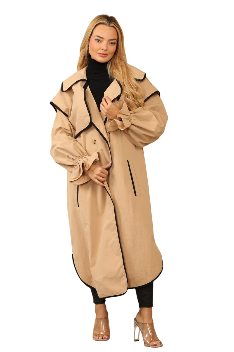 oversized beige trench coat with black contrast trim 