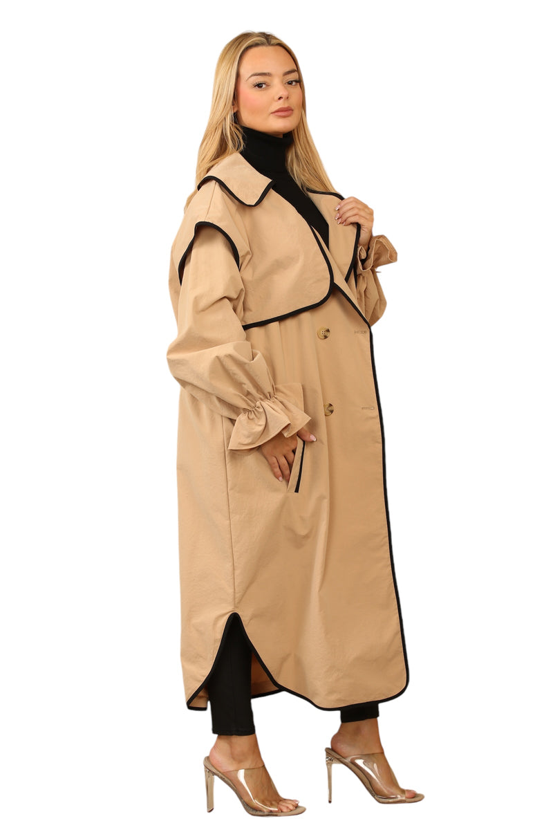 oversized beige trench coat with black contrast trim 