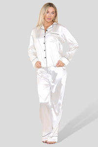 Women's White Satin Pajama Sleepwear Set - Long Sleeves Soft Wedding Loungewear for All Seasons, Button Down 2-Piece Silk PJ Set, Bridal Nightwear