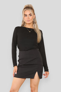 Women's Black High Waist Mini Skirt with Side Slit - Slim Fit Short Pencil Skirt