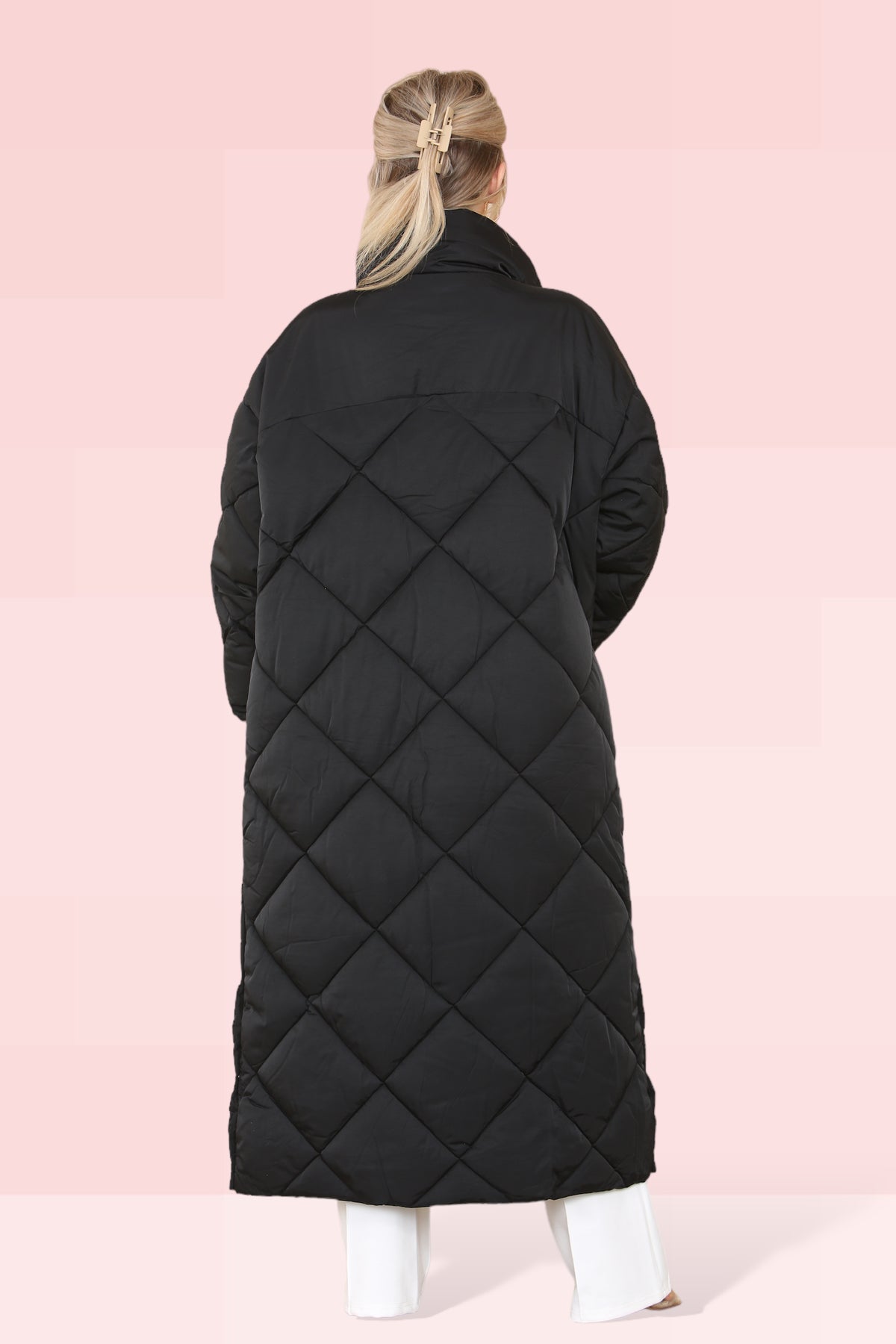 Elaina Fashion Women's Black Longline Maxi Quilted Padded Coat - Comfort Winter Warm Puffer Full Zip Down Oversized Long Sleeve Jacket Outwear