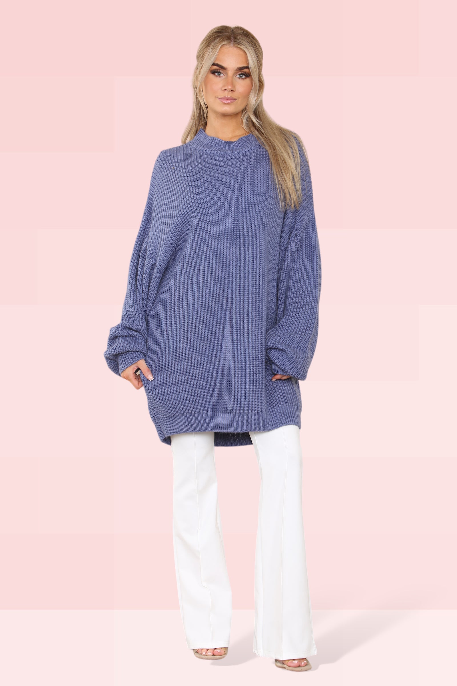 Women Blue Crew Neck Plain Knitted Loose Baggy Jumper with Warm Long Sleeve Ladies Winter Casual Stretch Knit Top Oversized Wool Pullover for Office Work Casual Knit Pullover Jumper Tops Solid Soft