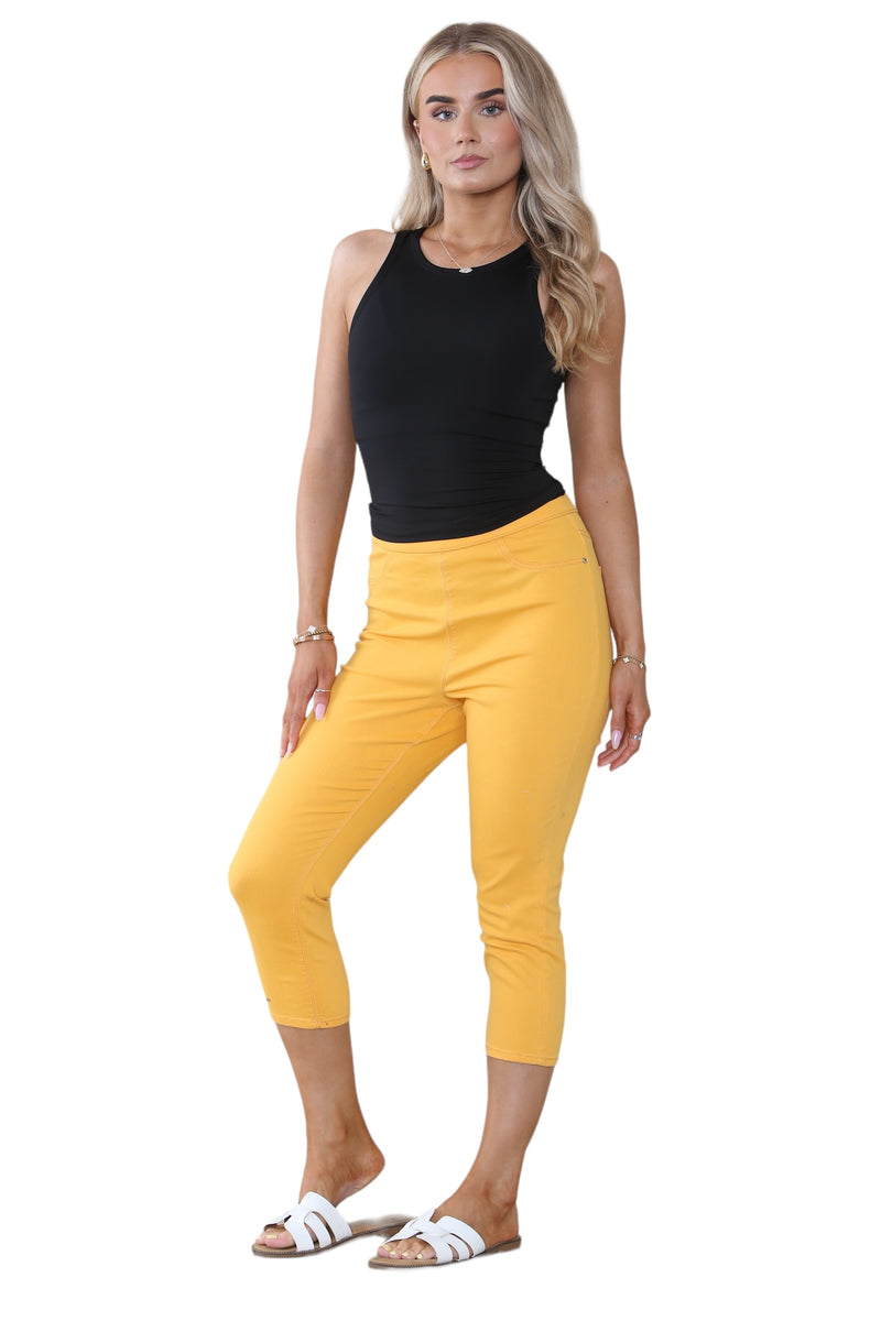 Women's Orange Peel High Waist Skinny Fit Stretch Cropped Capri Jeans Denim Jeggings with Elasticated Waist- Casual Summer Trousers Three Quarter 3/4 Length Pull On Cut Off