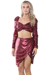 Elaina Fashion Women Burgundy Red Sequin Sparkle Bodycon Crop Top & Pencil Skirt Ladies 2 Piece Co-ord Set Party Club Evening Glitter Nightout Metallic Outfit