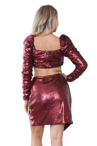 Elaina Fashion Women Burgundy Red Sequin Sparkle Bodycon Crop Top & Pencil Skirt Ladies 2 Piece Co-ord Set Party Club Evening Glitter Nightout Metallic Outfit