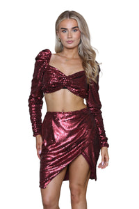 Elaina Fashion Women Burgundy Red Sequin Sparkle Bodycon Crop Top & Pencil Skirt Ladies 2 Piece Co-ord Set Party Club Evening Glitter Nightout Metallic Outfit