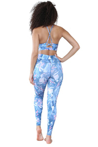 Elaina Fashion Women’s 2 Piece Blue Floral Leaf Print Seamless Activewear Workout Set Racer Criss Cross Sports Bra, High Waist Leggings Tracksuit Gym Leisure