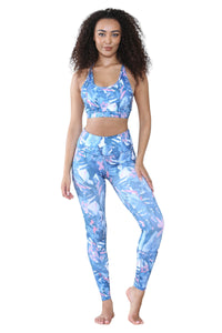 Elaina Fashion Women’s 2 Piece Blue Floral Leaf Print Seamless Activewear Workout Set Racer Criss Cross Sports Bra, High Waist Leggings Tracksuit Gym Leisure