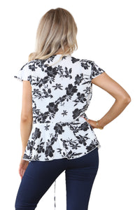 Women’s White Blouse Black Floral Open Front Tie-Up Lace Bow T-Shirt Retro Shirt Cap Sleeve Babydoll Peplum Ruffle Hem Cute Summer Streetwear Casual Top