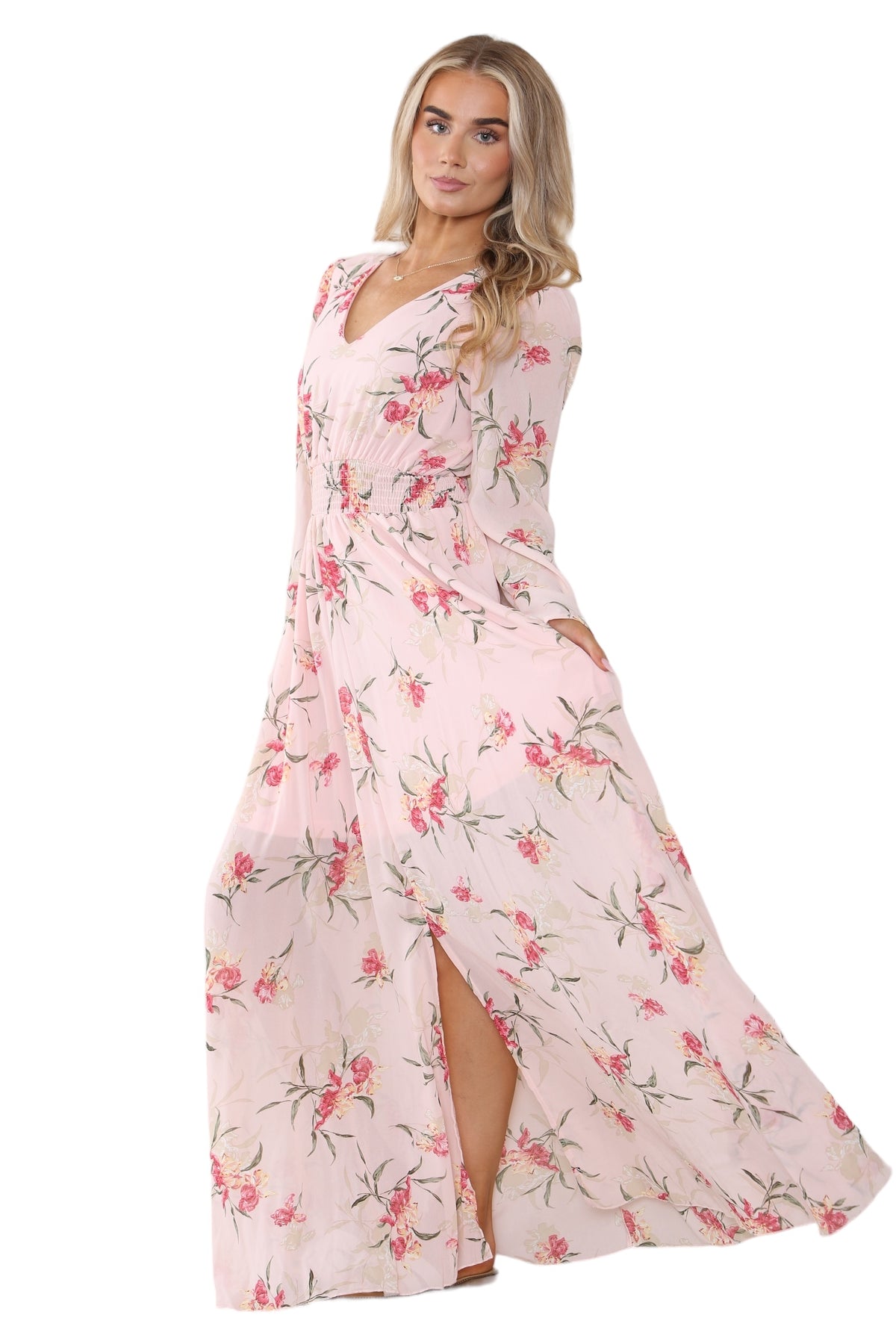 Women's Peach Pink Floral Print V Neck A-Line Maxi Dress, Elegant Casual Swing Frock Summer Wrap Elasticated Waist Sundress Beach Party Club Outing