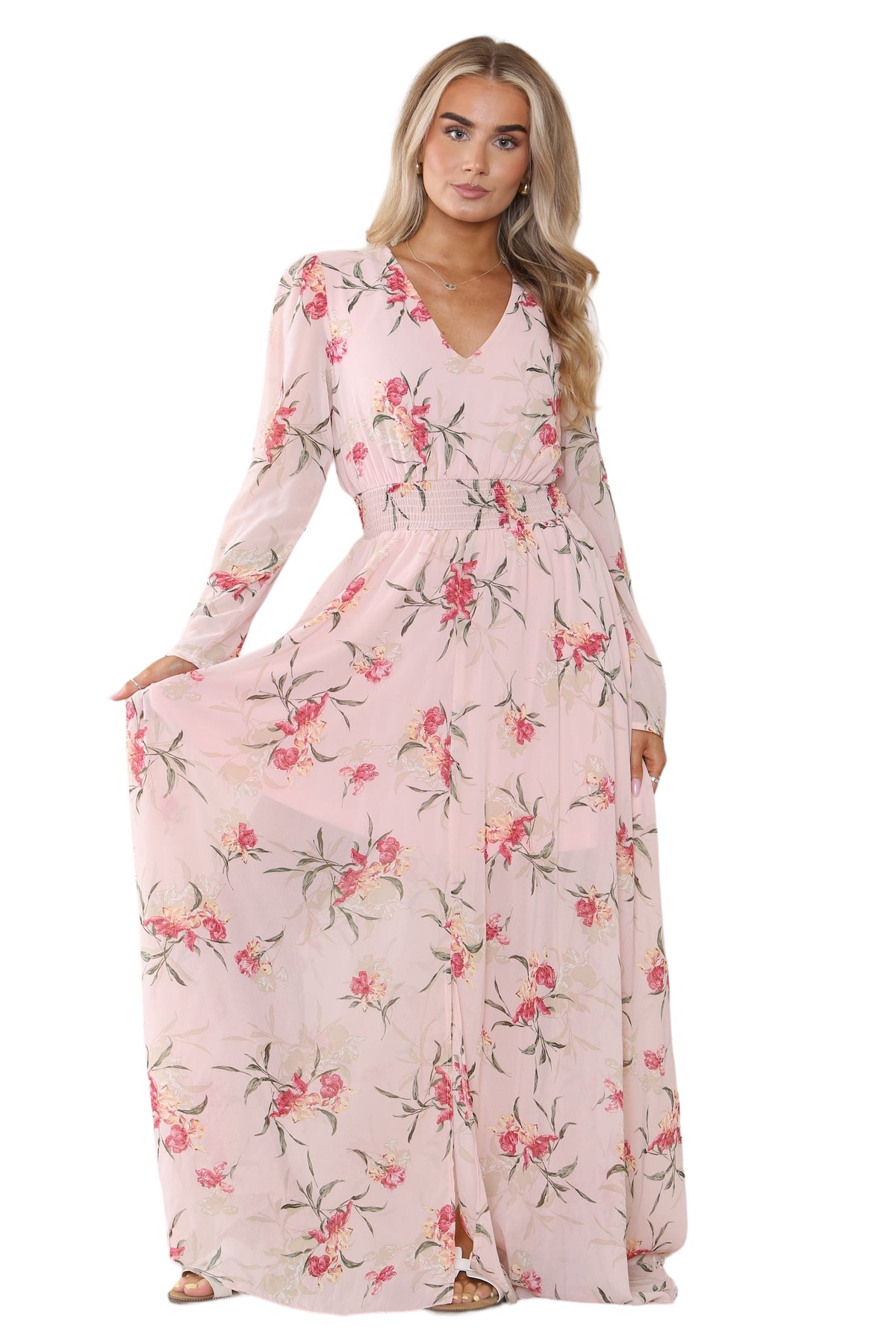 Women's Peach Pink Floral Print V Neck A-Line Maxi Dress, Elegant Casual Swing Frock Summer Wrap Elasticated Waist Sundress Beach Party Club Outing