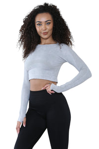 Women's Round Neck Tie-Dye Rib Seamless Slim Fit Long Sleeve Fitness Midriff, Thumb Hole Casual Sports Yoga Gym Workout Crop Top Activewear Sportswear