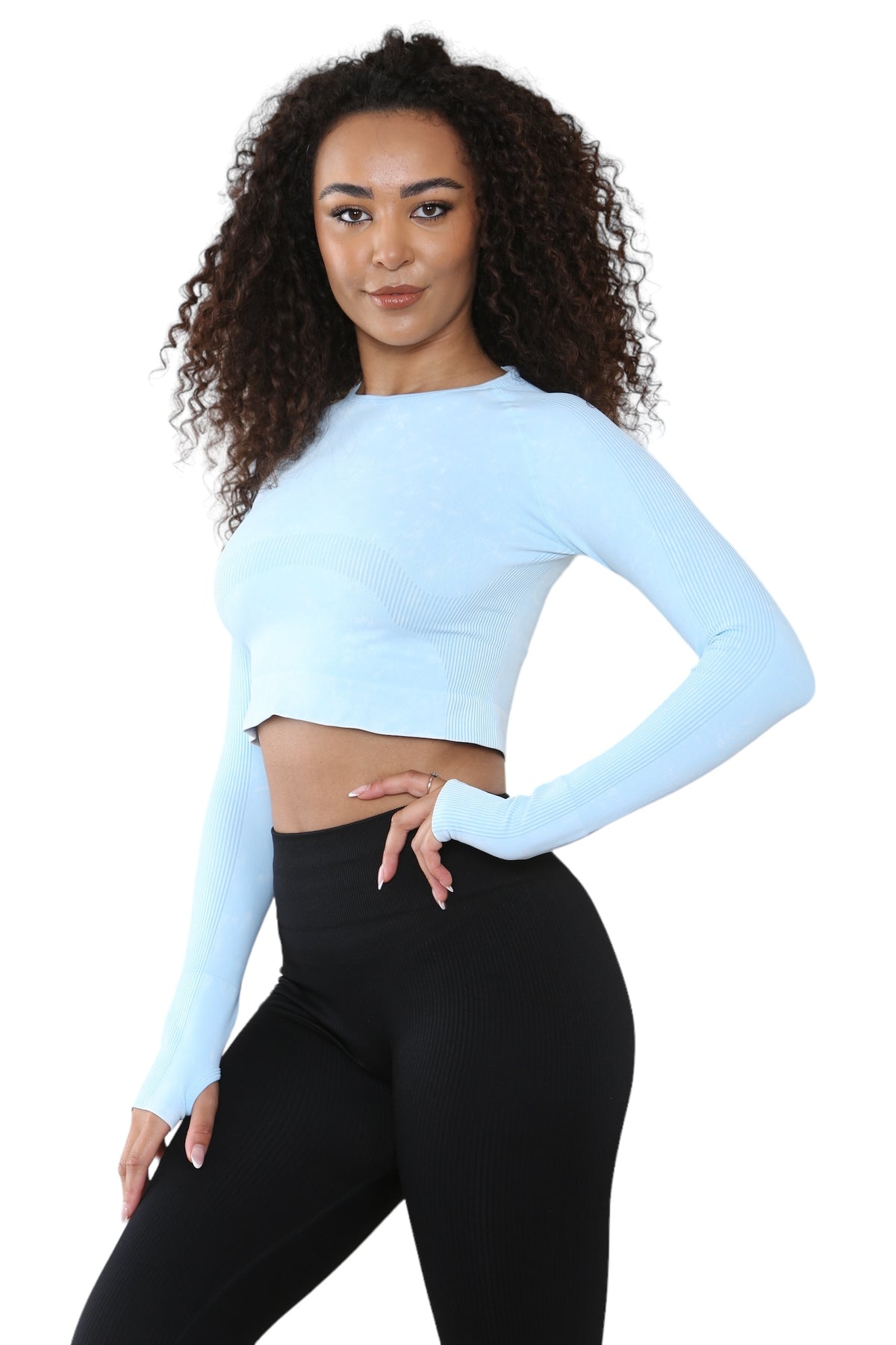 Women's Round Neck Tie-Dye Rib Seamless Slim Fit Long Sleeve Fitness Midriff, Thumb Hole Casual Sports Yoga Gym Workout Crop Top Activewear Sportswear