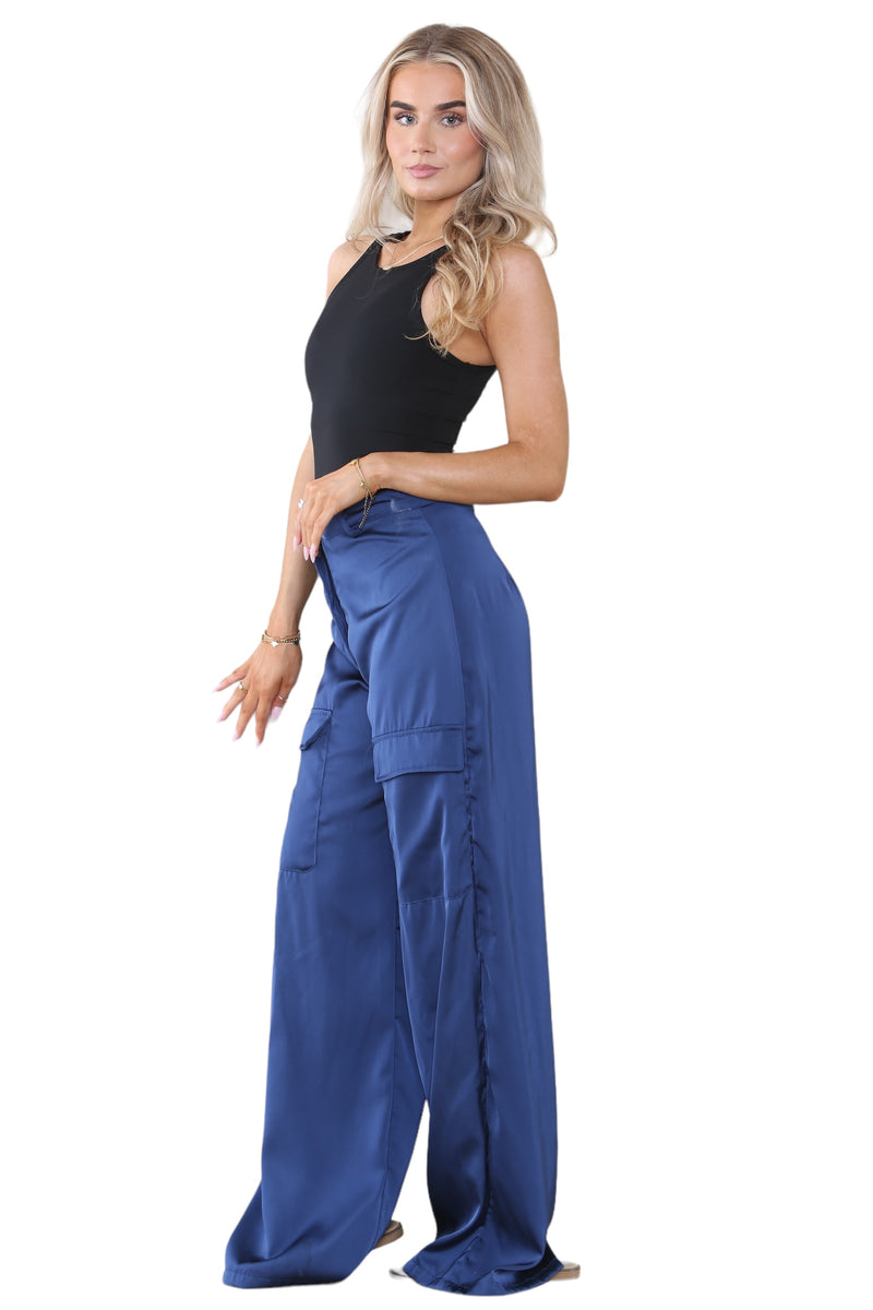 Women's Dark Navy Blue High Waist Casual Wide Flare Leg Loose Fit Palazzo Cargo Side Pockets Pants Work Office Summer Baggy Trousers