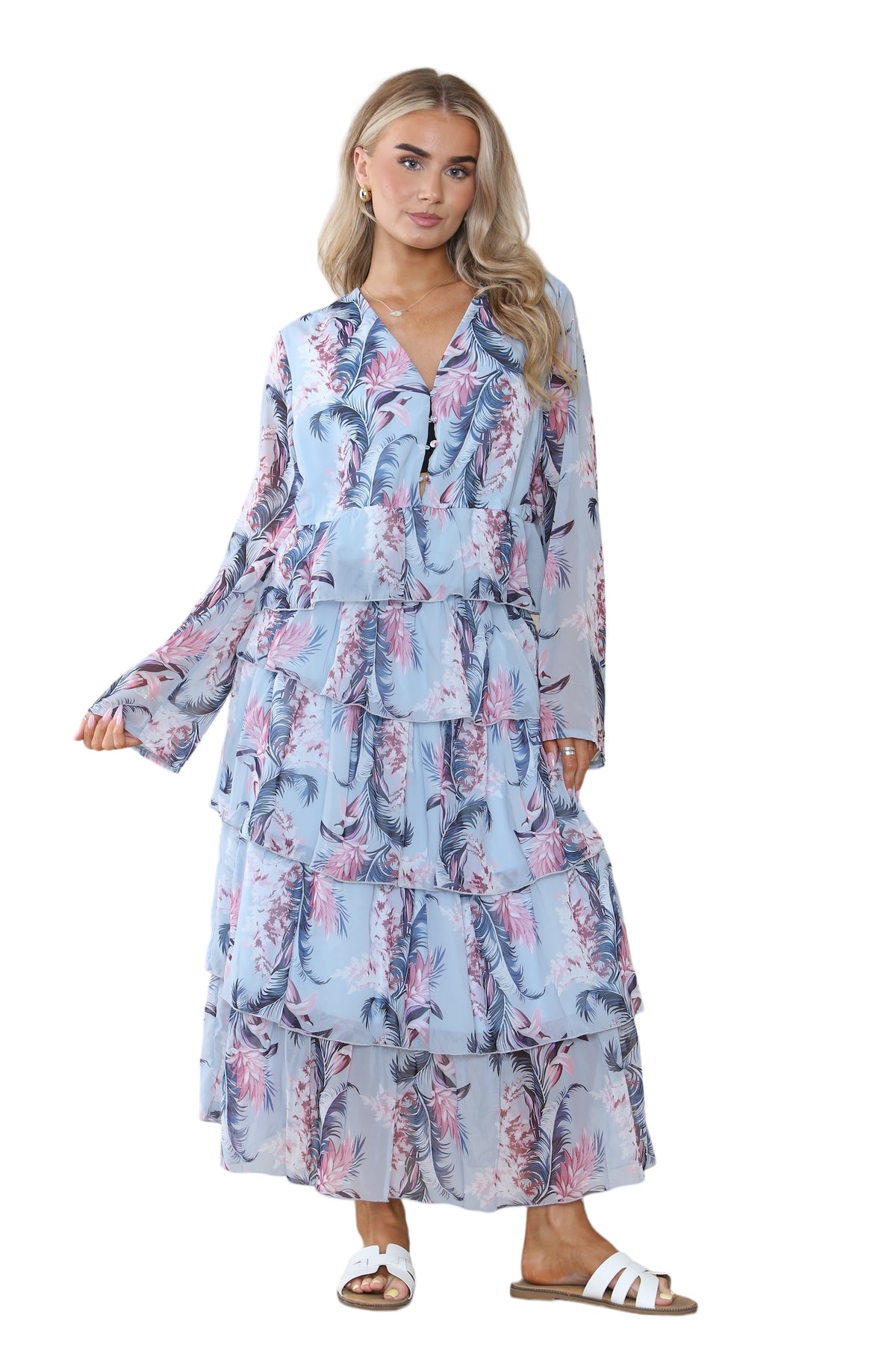 Women's Baby Blue V Neck Leaf Floral Ruffle Pleated Layered Swing Party Long Maxi Dress – Casual Smocked Cocktail Flowy Summer Beach Sundress  Party Streetwear Dress