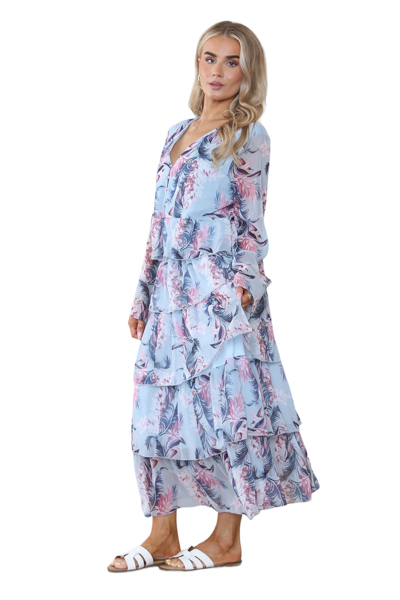 Women's Baby Blue V Neck Leaf Floral Ruffle Pleated Layered Swing Party Long Maxi Dress – Casual Smocked Cocktail Flowy Summer Beach Sundress  Party Streetwear Dress