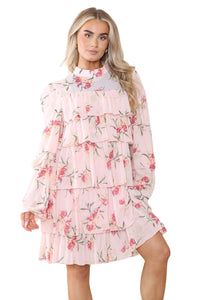 Women's Peach Pink Mock Neck Floral Flowy Ruffle Pleated Layered Mini Short Dress - Casual Elegant Double-Layered Puffed Bell Sleeve Swing Smocked Sundress for Holidays and Beach